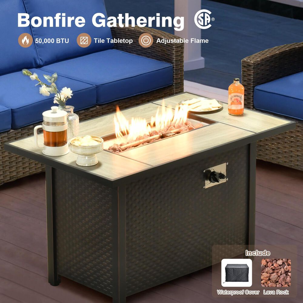 HOMLUX 6-Piece Patio Conversation Set with 42" Fire Pit Table and Light Brown Wicker in Navy Blue, , large