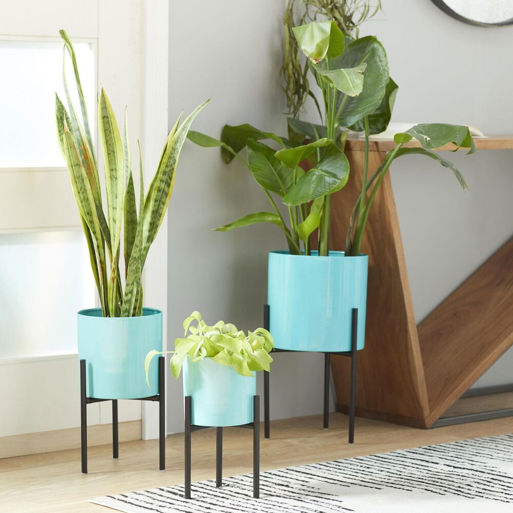 Maple and Jade Metal Planter with Removable Stand in Polished Teal and Black &#40;Set of 2&#41;, , large