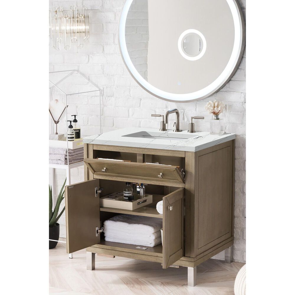 James Martin Vanities Chicago 30&quot; Single Bathroom Vanity in Whitewashed Walnut with 3 cm Ethereal Noctis Quartz Top and Rectangular Sink, , large