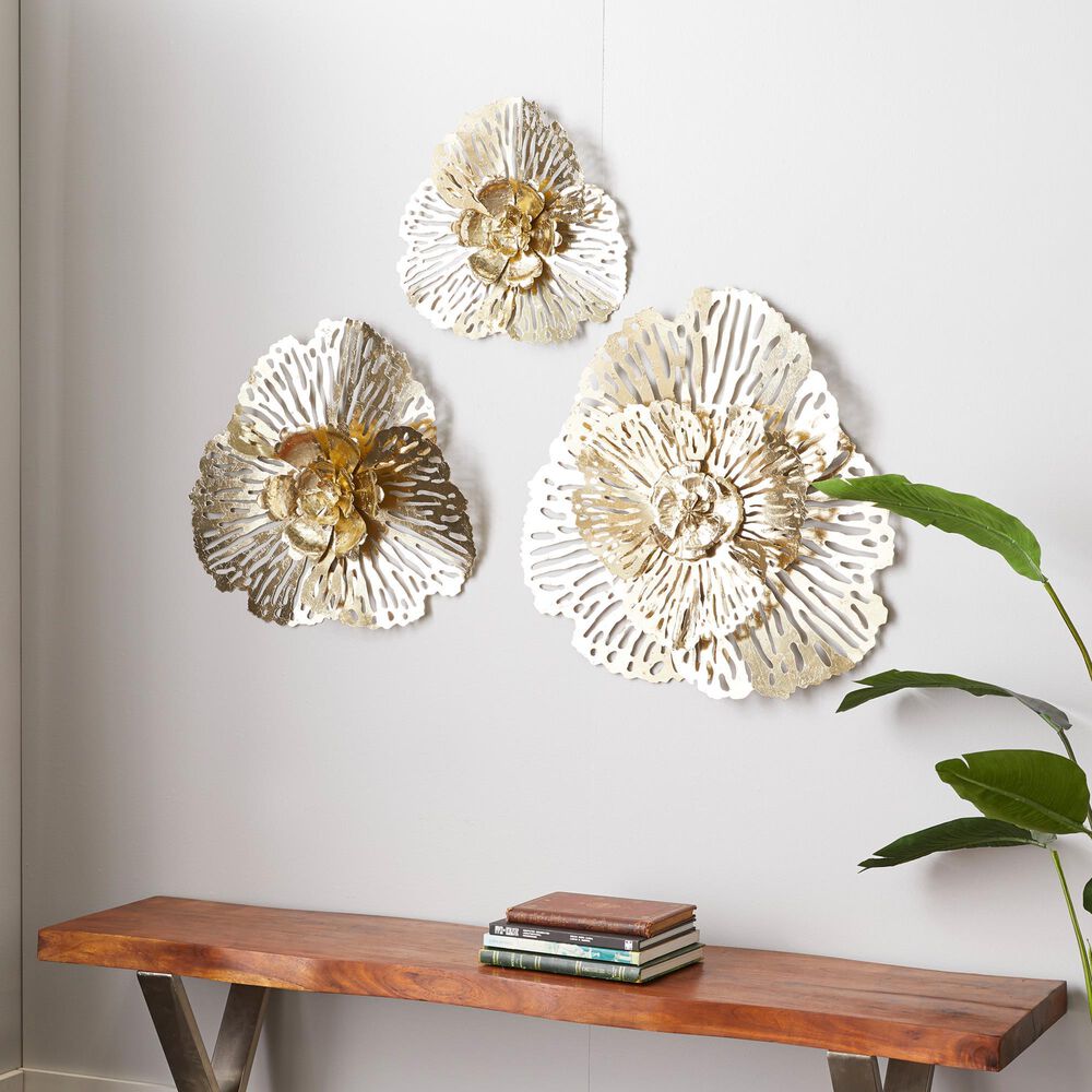 Maple and Jade 28.5&quot; x 28&quot; Glam Flowers Wall Decor in Gold &#40;Set of 3&#41;, , large
