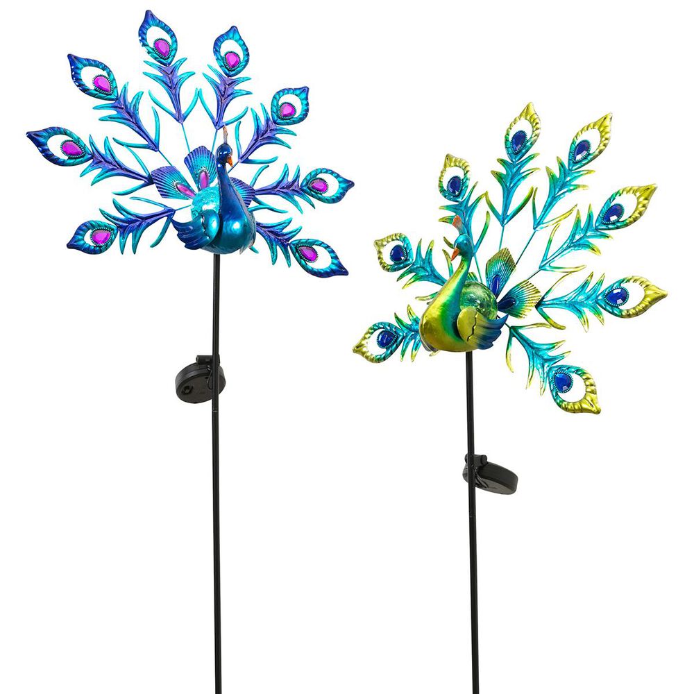 The Gerson Company Solar Peacock Yard Stakes (Set of 2), , large