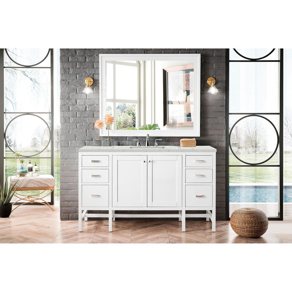 James Martin Vanities Addison 60&quot; Single Bathroom Vanity in Glossy White with 3 cm Eternal Jasmine Pearl Quartz Top and Rectangular Sink, , large