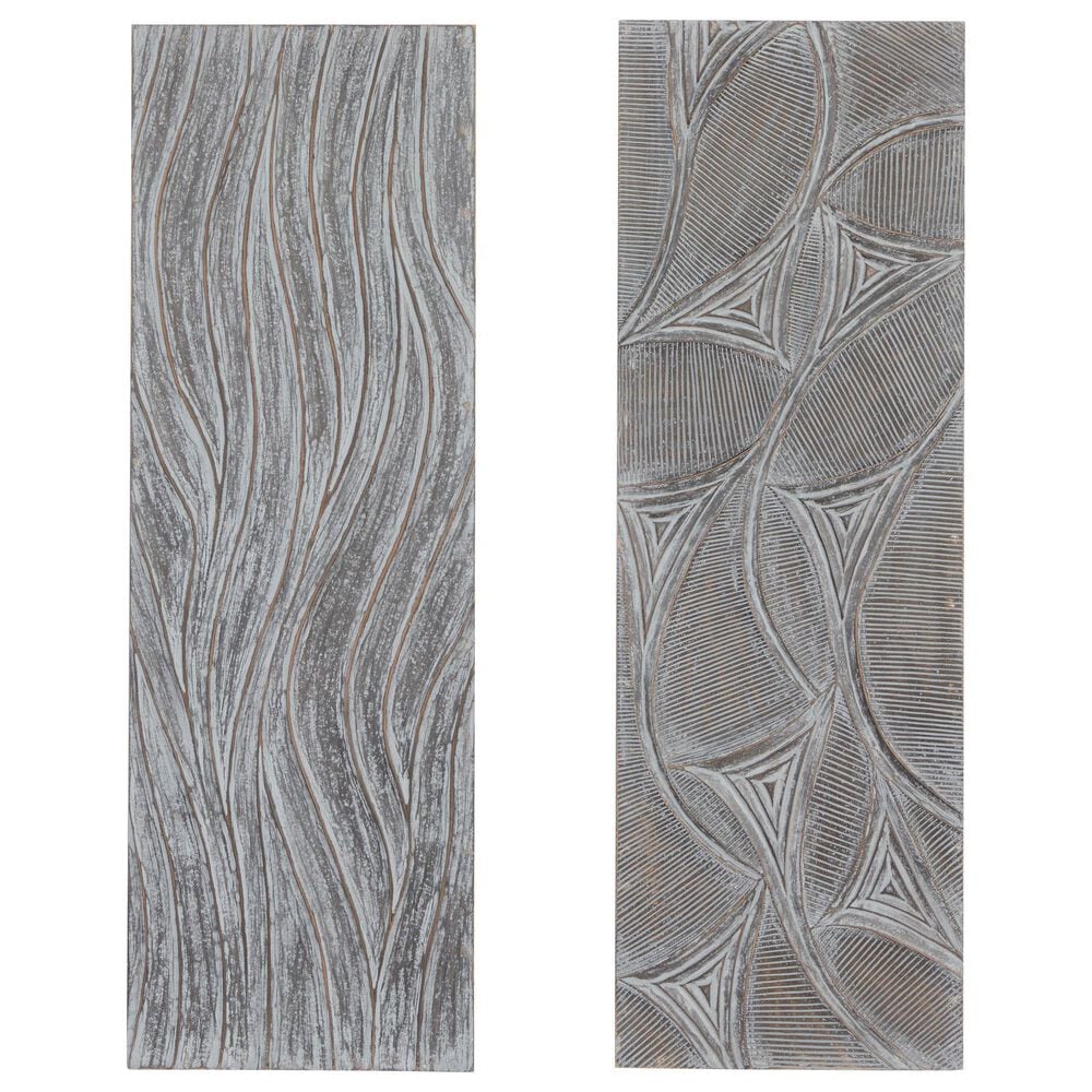Maple and Jade 48" x 16" Wooden Leaf Intricately Carved Wall Decor in Distressed Gray (Set of 2), , large
