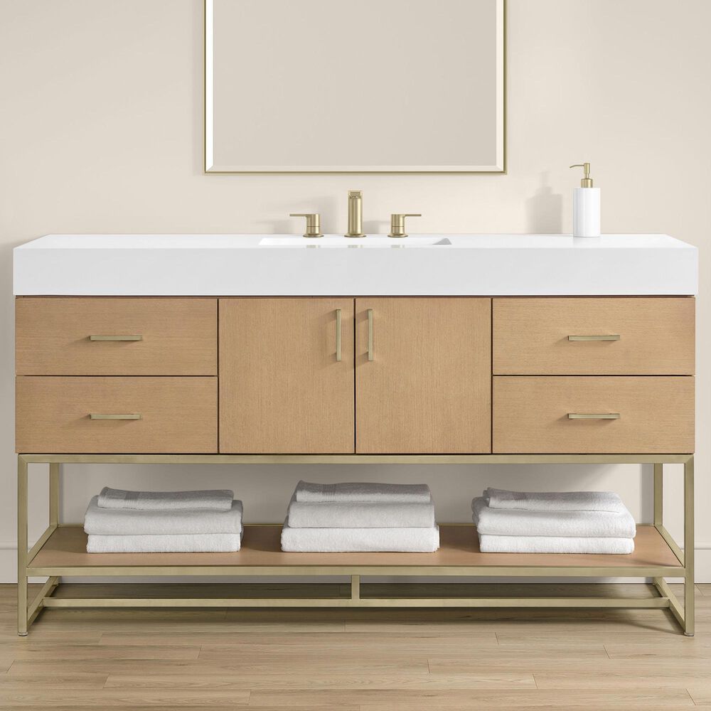 37B Mauri 60" Single Bathroom Vanity with Metal Base in Warm Oak and White Composite Stone Top, , large