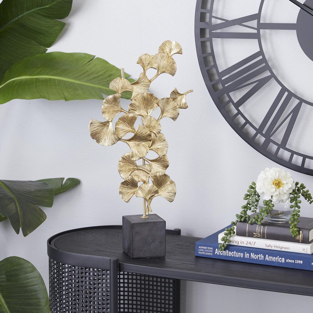 Maple and Jade Handmade Floral Decorative Sculpture in Satin Gold and Dark Gray, , large