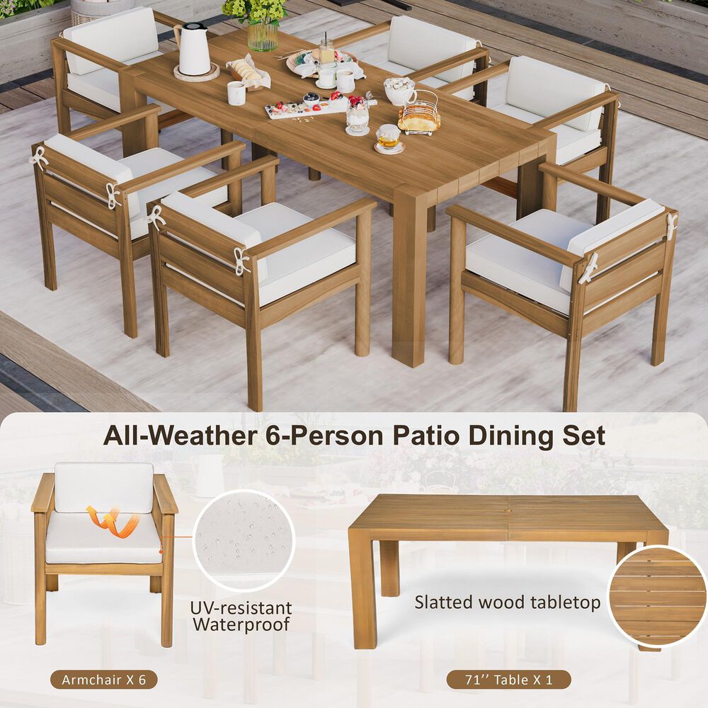 Hearth and Haven 7-Piece Outdoor Dining Set with Beige Cushions in Light Teak, , large