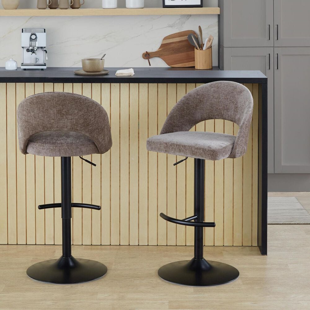 LumiSource Renee Adjustable Swivel Bar Stool with Brown Fabric Upholstery in Black (Set of 2), , large