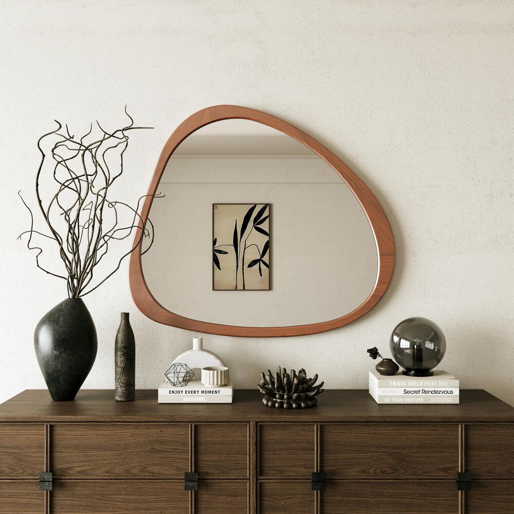 Hearth and Haven 45" Wall Mirror with Curvy Shape and Pine Wood Frame in Natural, , large