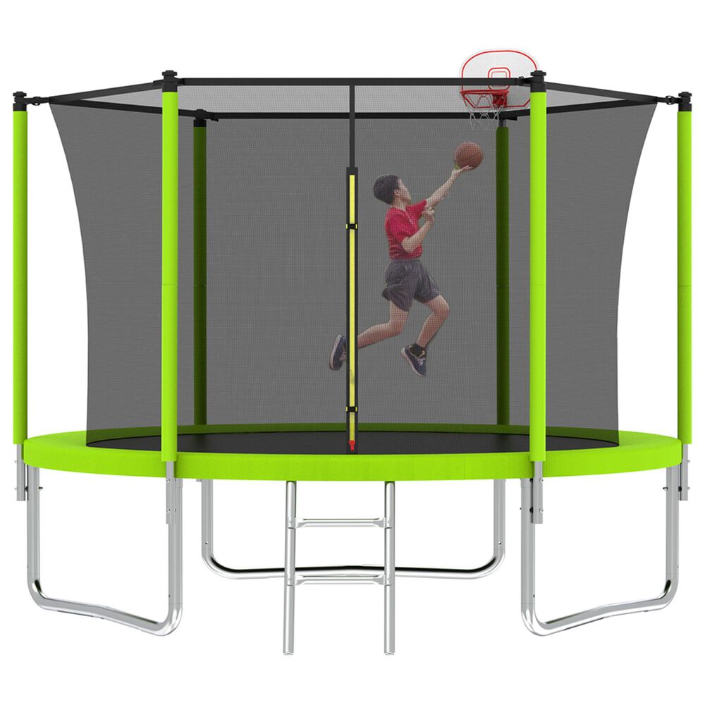 HOMLUX 10' Outdoor Trampoline Sports with Ladder in Green, , large