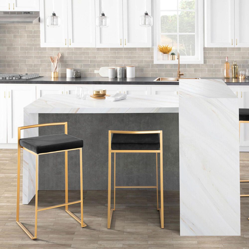 Lumisource Fuji Stackable Counter Stool with Black Velvet Cushion in Gold &#40;Set of 2&#41;, , large