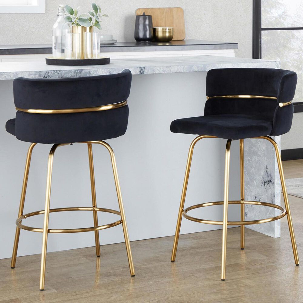 LumiSource Cinch 26" Swivel Counter Stool with Black Upholstery in Gold (Set of 2), , large