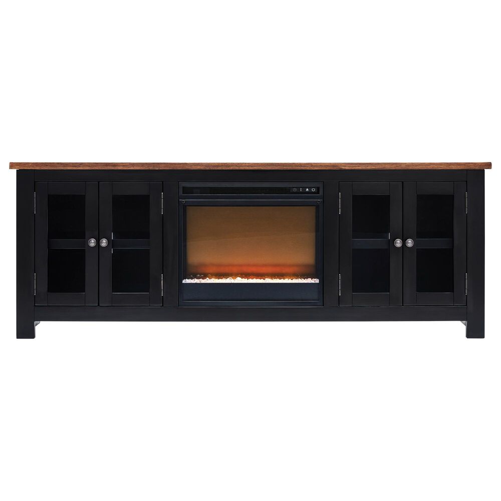 Ashley Wildenauer 76" TV Stand with Electric Fireplace in Rich Brown and Warm Satin Black, , large