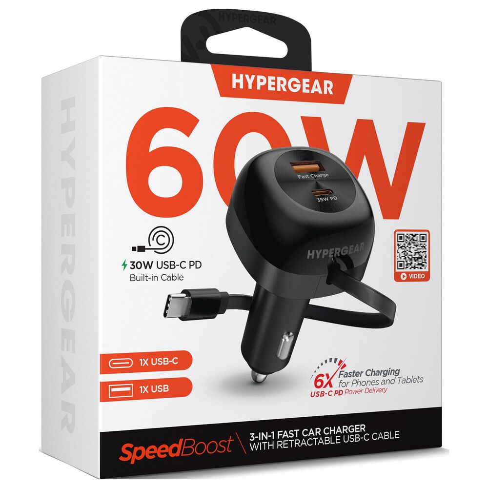 Hypercel SpeedBoost 3-in-1 Fast Car Charger with Retractable 30W USB-C PD Cable in Black, , large