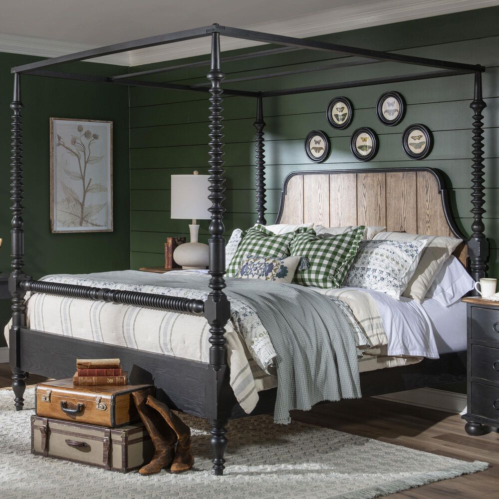 Legacy Classic Vintage Market Queen Canopy Bed in Barnwood Oak and Kettle Black, , large
