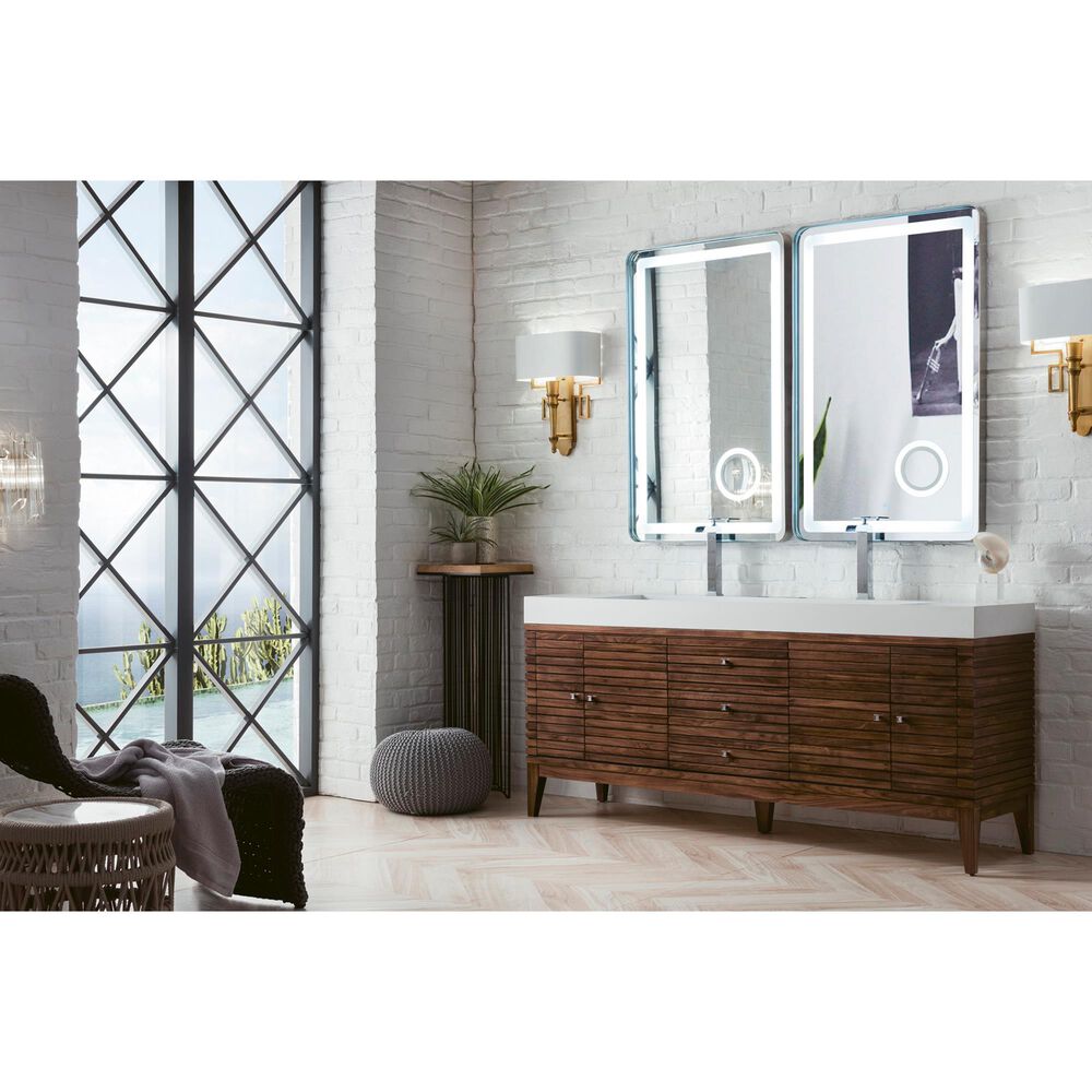 James Martin Vanities Linear 72&quot; Double Bathroom Vanity in Mid Century Walnut with 10 cm Glossy White Solid Surface Top and Rectangular Sinks, , large