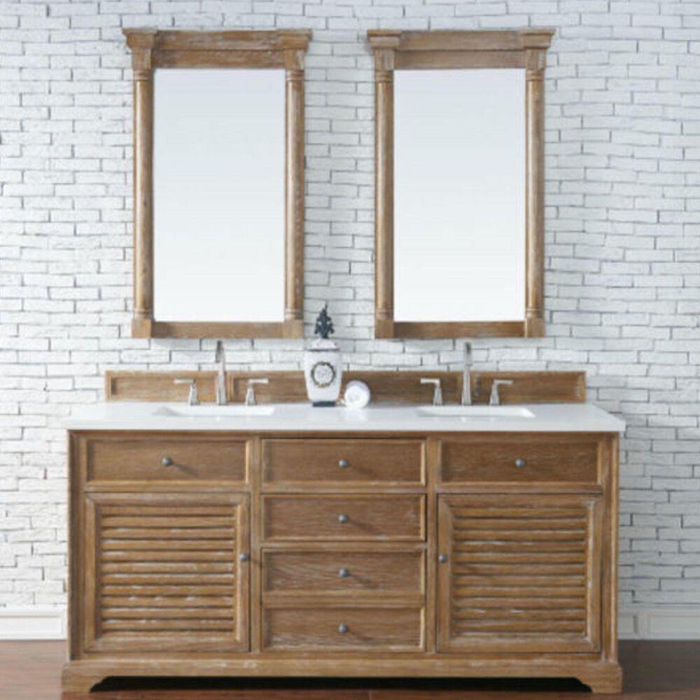 James Martin Vanities Savannah 72&quot; Double Bathroom Vanity in Driftwood with 3 cm White Zeus Quartz Top and Rectangular Sinks, , large