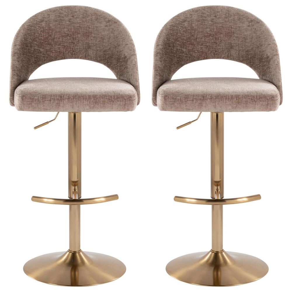 LumiSource Renee Adjustable Swivel Bar Stool with Brown Fabric Upholstery in Gold (Set of 2), , large