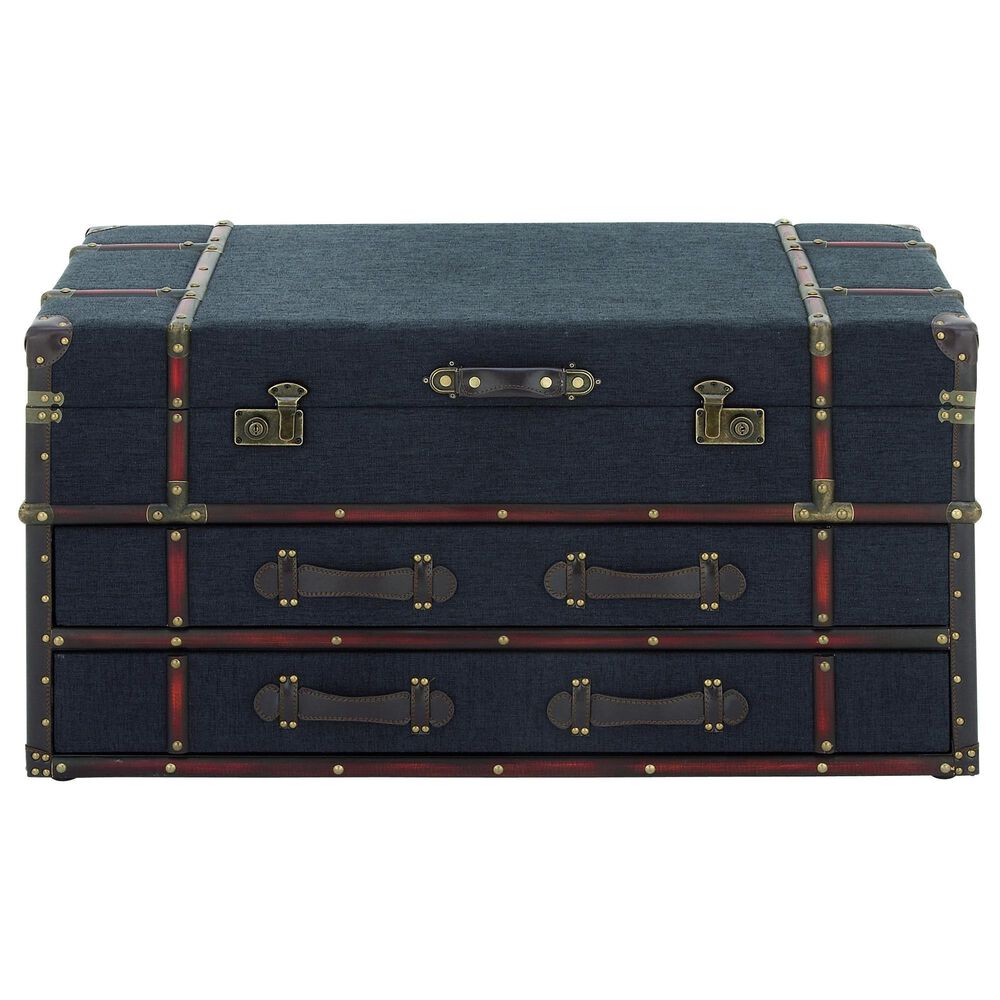 Maple and Jade Upholstered 2-Drawer Coffee Table with Buckle Hinged Top in Dark Blue, , large