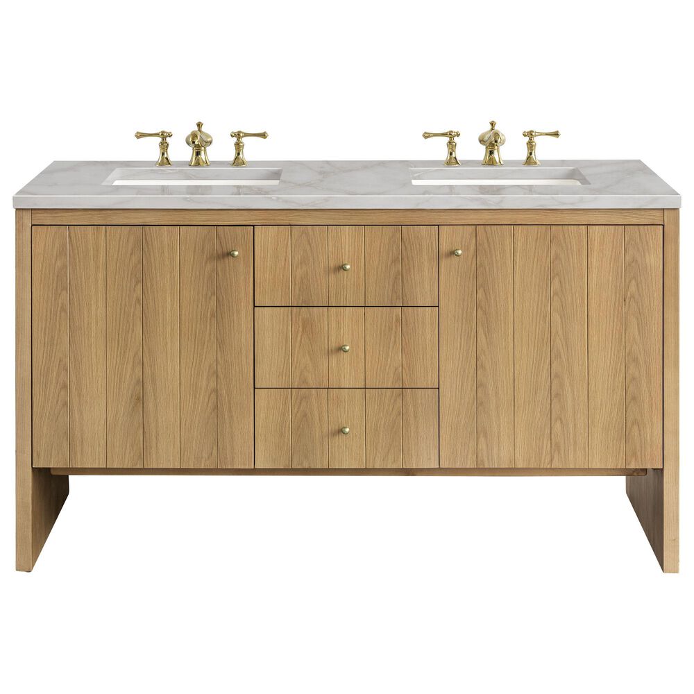 James Martin Vanities Hudson 60" Double Bathroom Vanity in Light Natural Oak with 3 cm Eternal Jasmine Pearl Silestone Top, Rectangular Sinks and FreePower Wireless Charger, , large