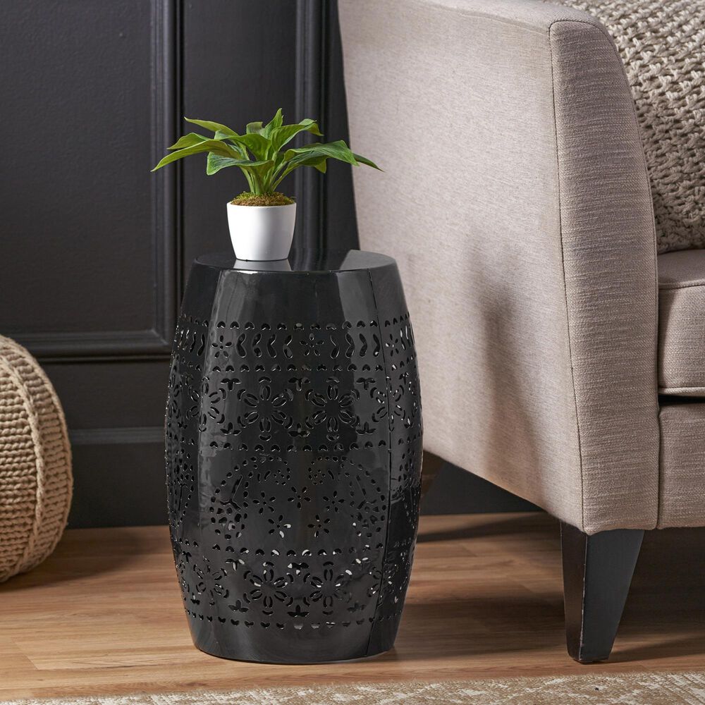 Hearth and Haven Ruby Outdoor Barrel End Table with Lace-Cut Design in Black, , large