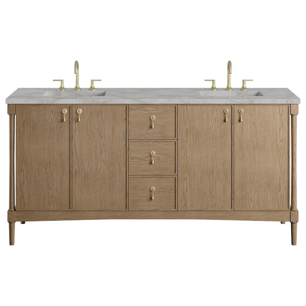 James Martin Kinnsden 72" Double Bathroom Vanity in Weathered Oak with 3 cm Victorian Silver Silestone Top and Rectangular Sinks, , large