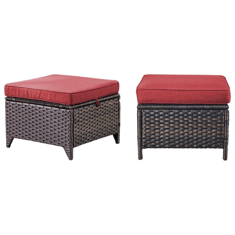 Sunwell Garden Outdoor Ottoman with Brown Rattan in Red (Set of 2), , large