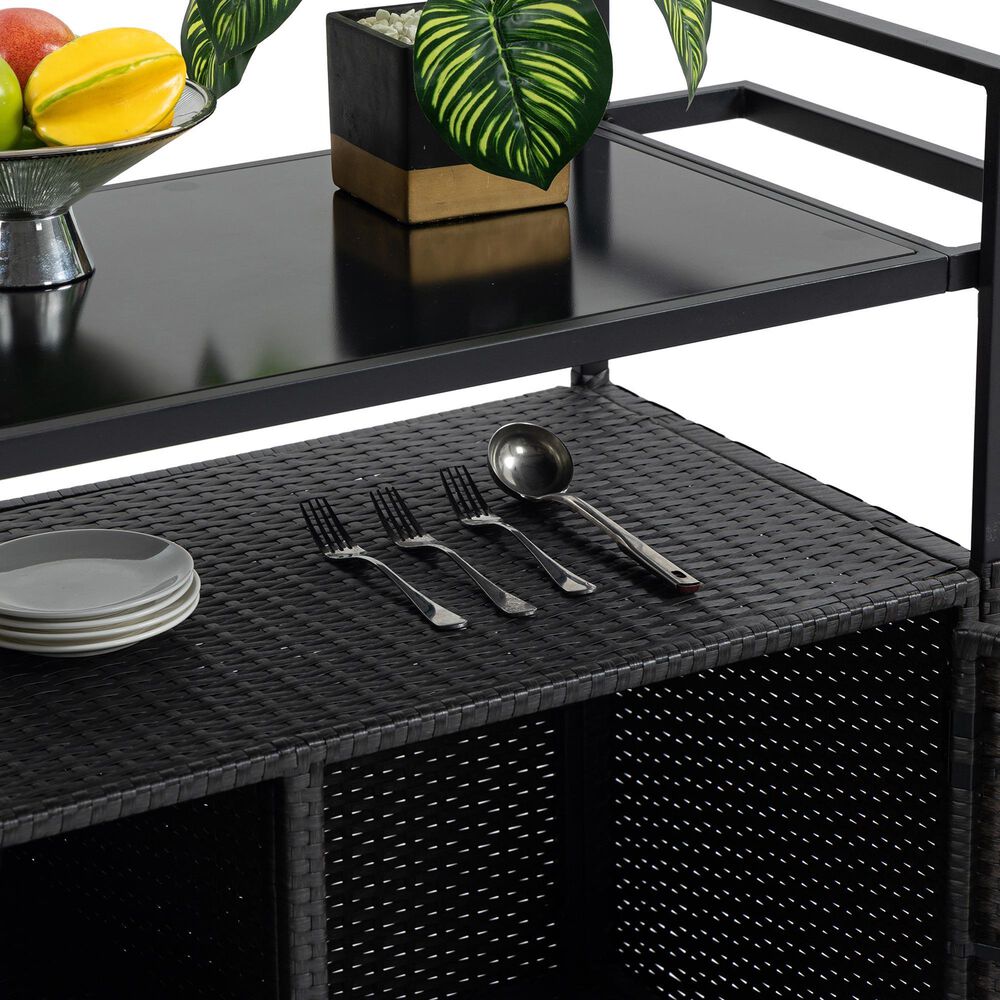 Hearth and Haven Patio Bar Cart with Glass Top and Storage Cabinet in Black, , large