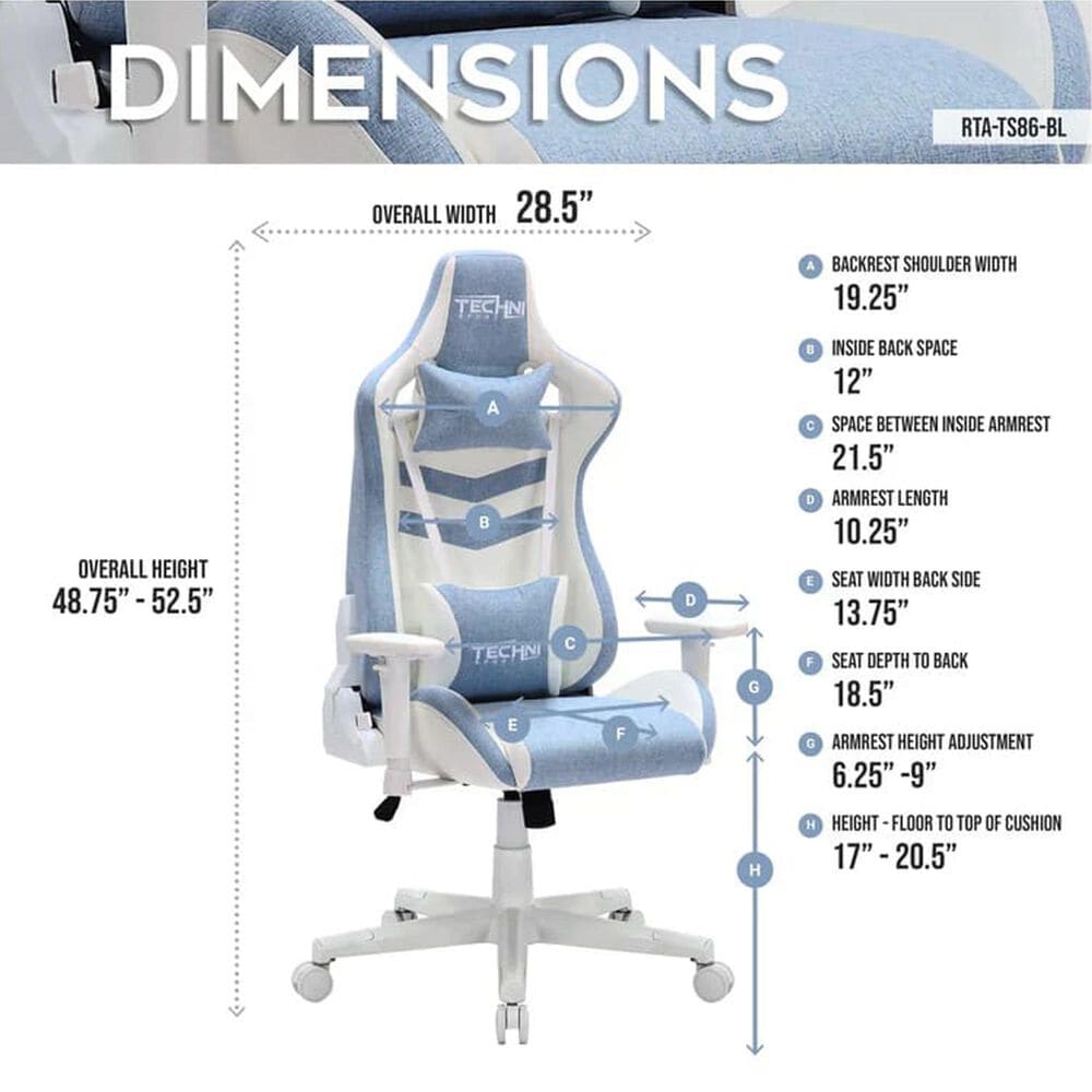 Techni Sport Pastel Gaming Chair in Blue and White, , large