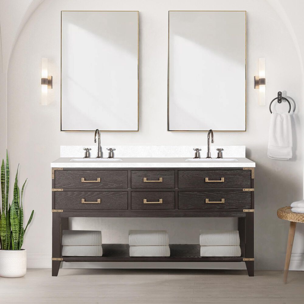 Lexora Home Norwalk 60&quot; Double Bathroom Vanity in Brown Oak with White Cultured Marble Top  and Rectangle Sink, , large