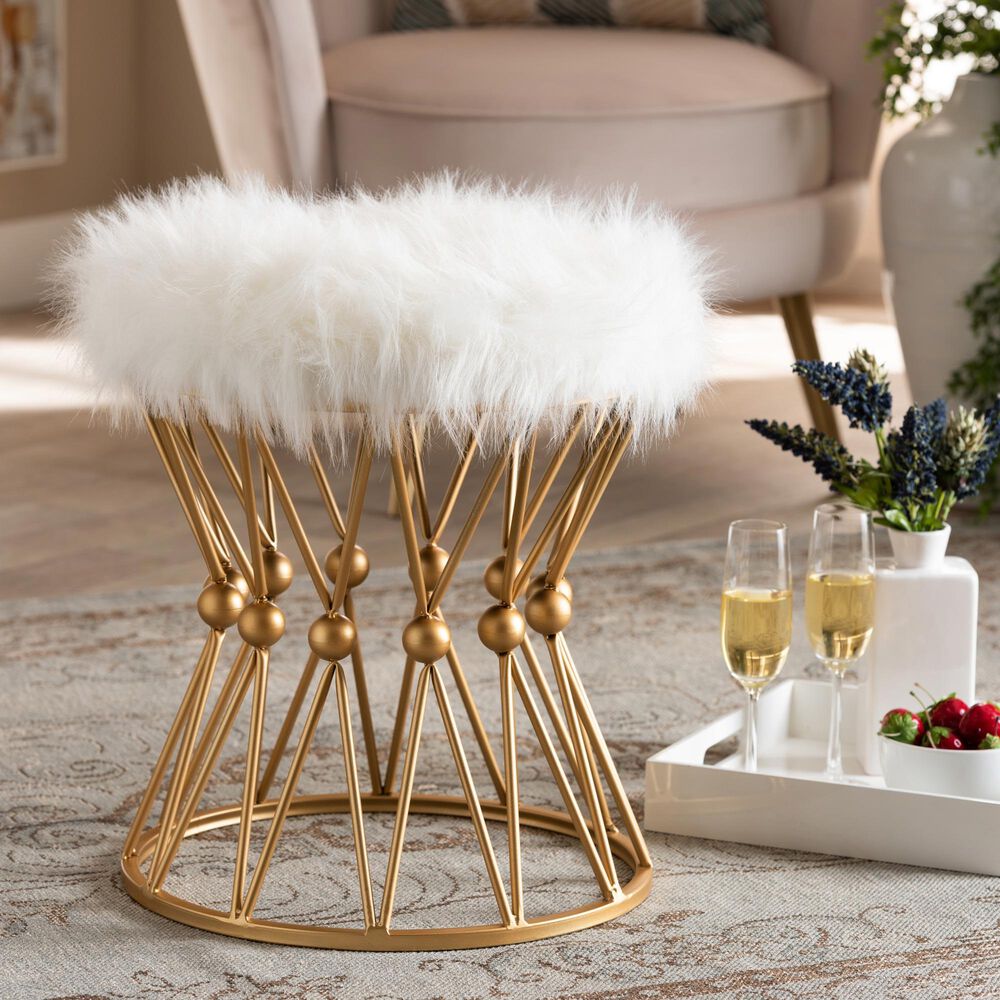 Baxton Studio Leonie Ottoman in White Faux Fur and Gold Finish, , large