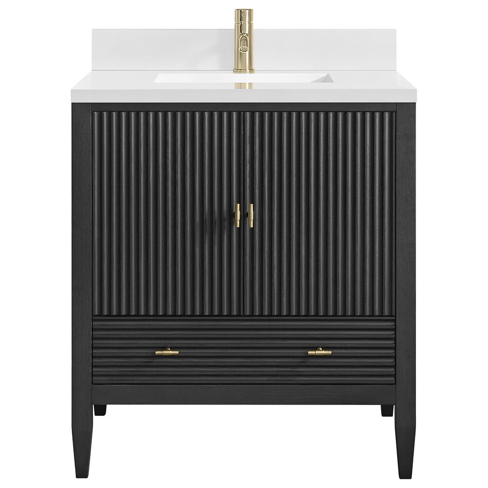 James Martin Myrrin 30" Single Bathroom Vanity in Carbon Oak with Single Hole 3 cm White Zeus Silestone Top and Rectangular Sink, , large