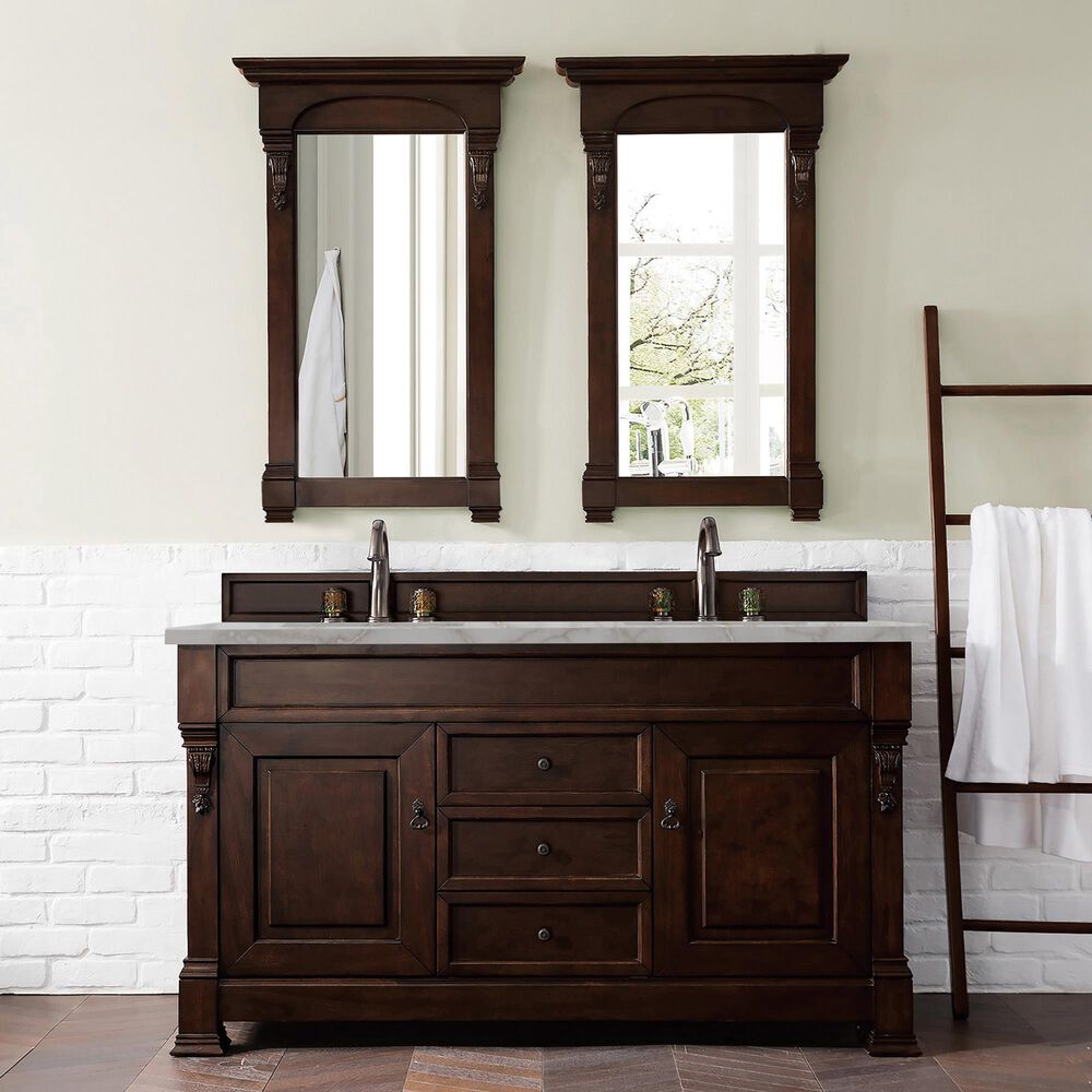 James Martin Vanities Brookfield 60&quot; Double Bathroom Vanity in Burnished Mahogany with 3 cm Lime Delight Quartz Top and Rectangular Sinks, , large