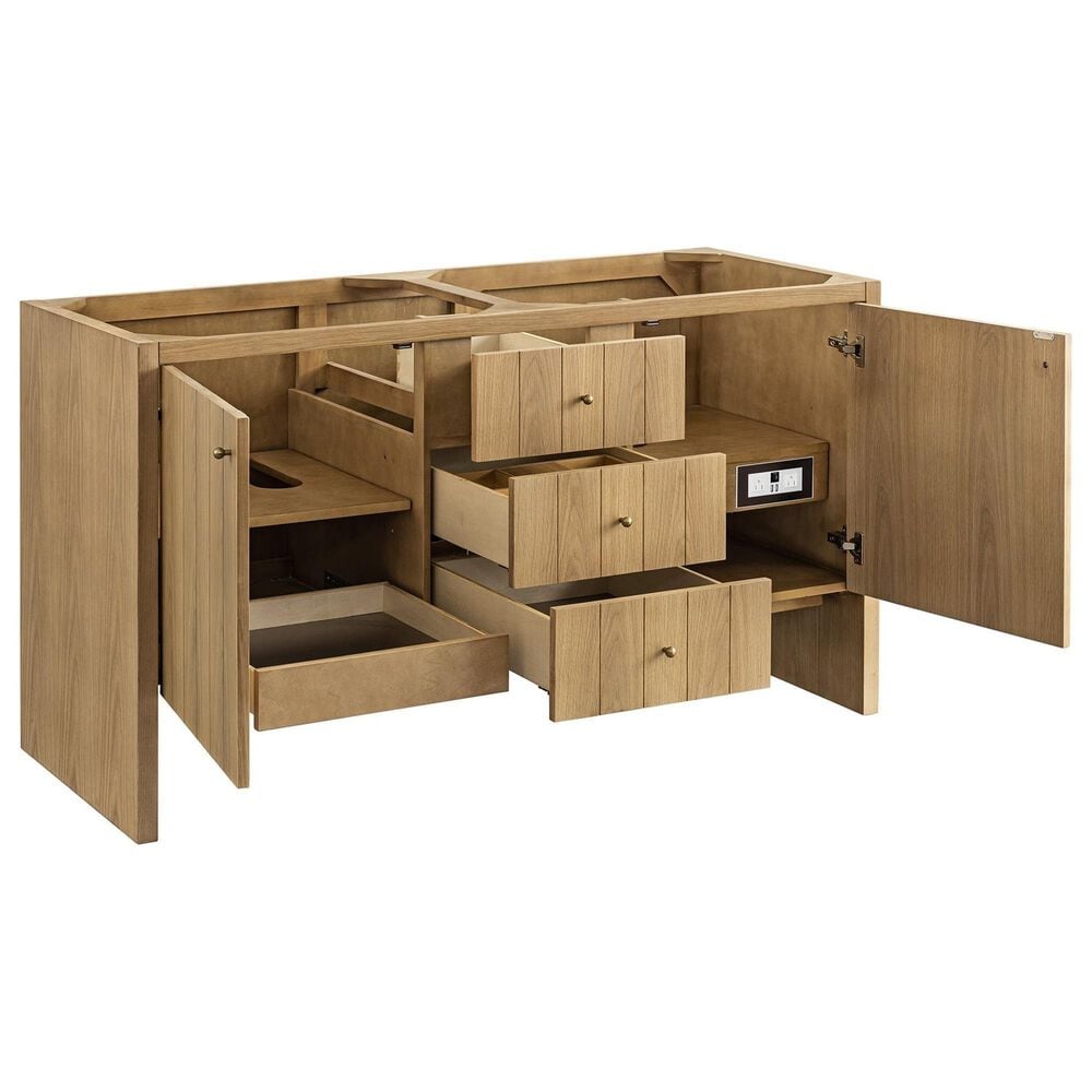 James Martin Vanities Hudson 60&quot; Double Bathroom Vanity in Light Natural Oak with 3 cm White Zeus Quartz Top and Rectangular Sinks, , large