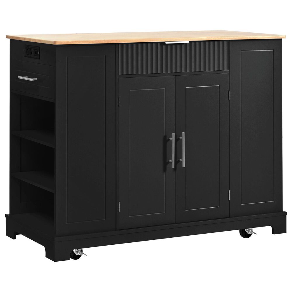 HOMLUX 47" Fluted Kitchen Island with Trash Can Storage Cabinet in Black and Natural, , large