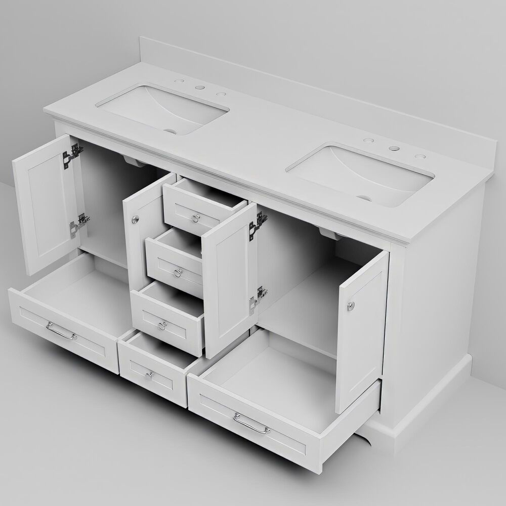 Lexora Home Dukes 60&quot; Double Bathroom Vanity in White with 2 cm White Quartz Top and Rectangular Sinks, , large