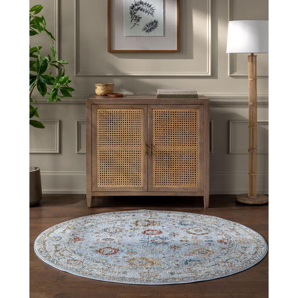Surya Reina REN-2306 Light Gray, Cream, Denim, Rust, Mustard and Olive 6'7" Round Area Rug, , large