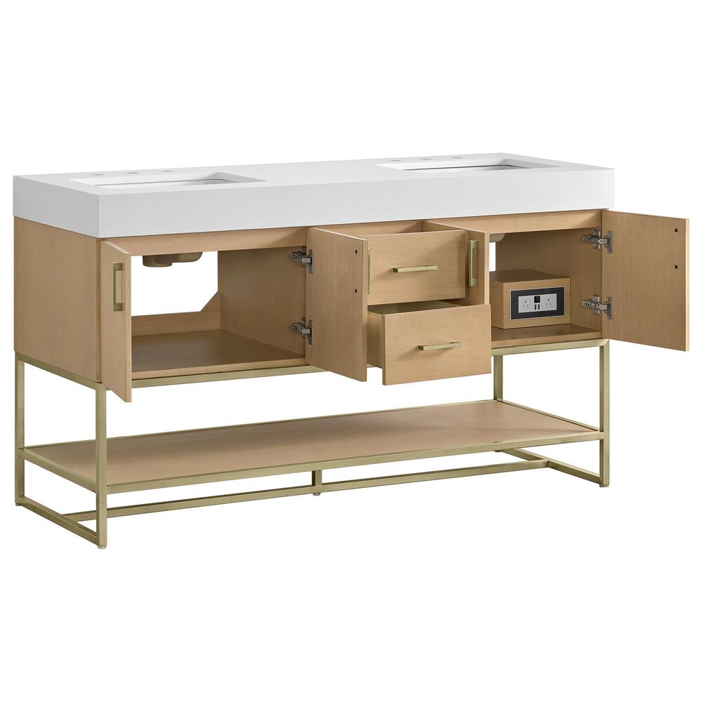 37B Mauri 60" Double Bathroom Vanity with Metal Base in Warm Oak with High-Profile 4" White Composite Stone Top, , large
