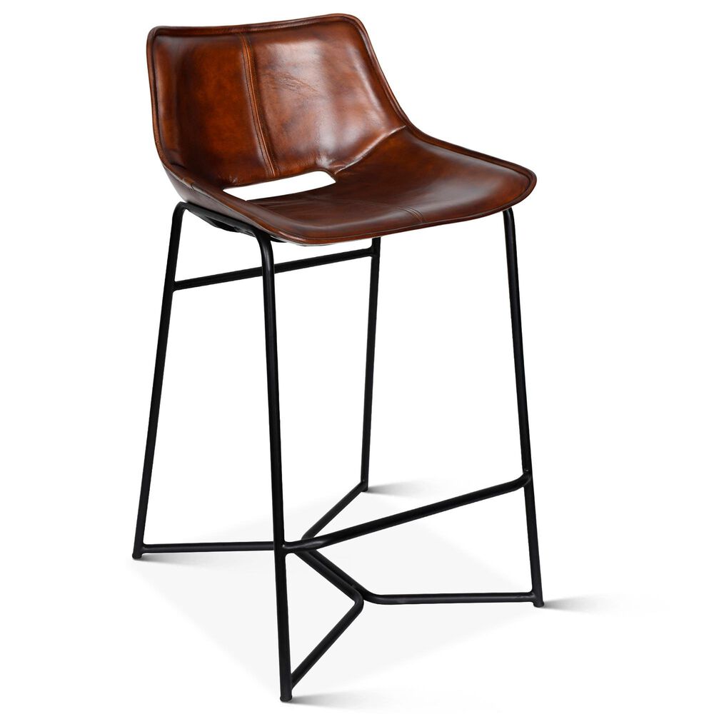 Home Trends & Design Counter Stool with Chocolate Top Grain Leather Seat and Black Metal Frame, , large