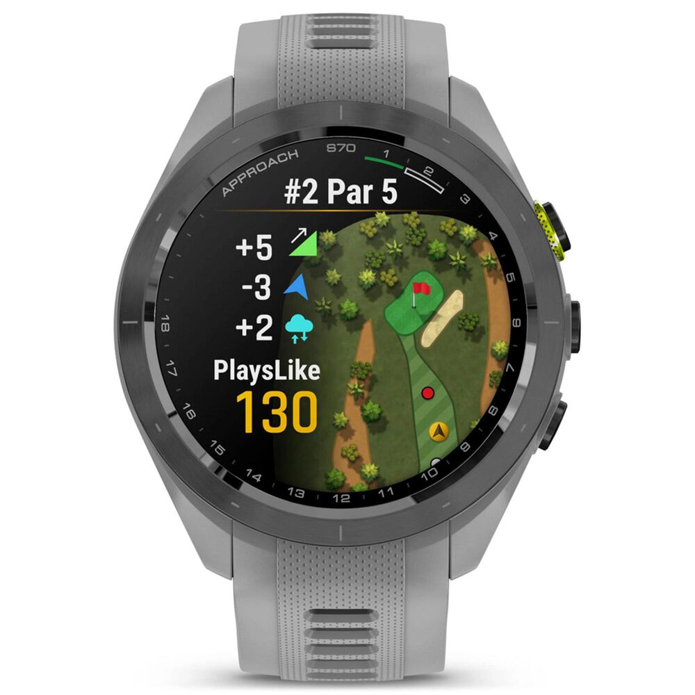 Garmin Approach S70 Smartwatch 41mm Black and Amp Yellow Ceramic Bezel Case with Powder Gray Silicone Band, , large