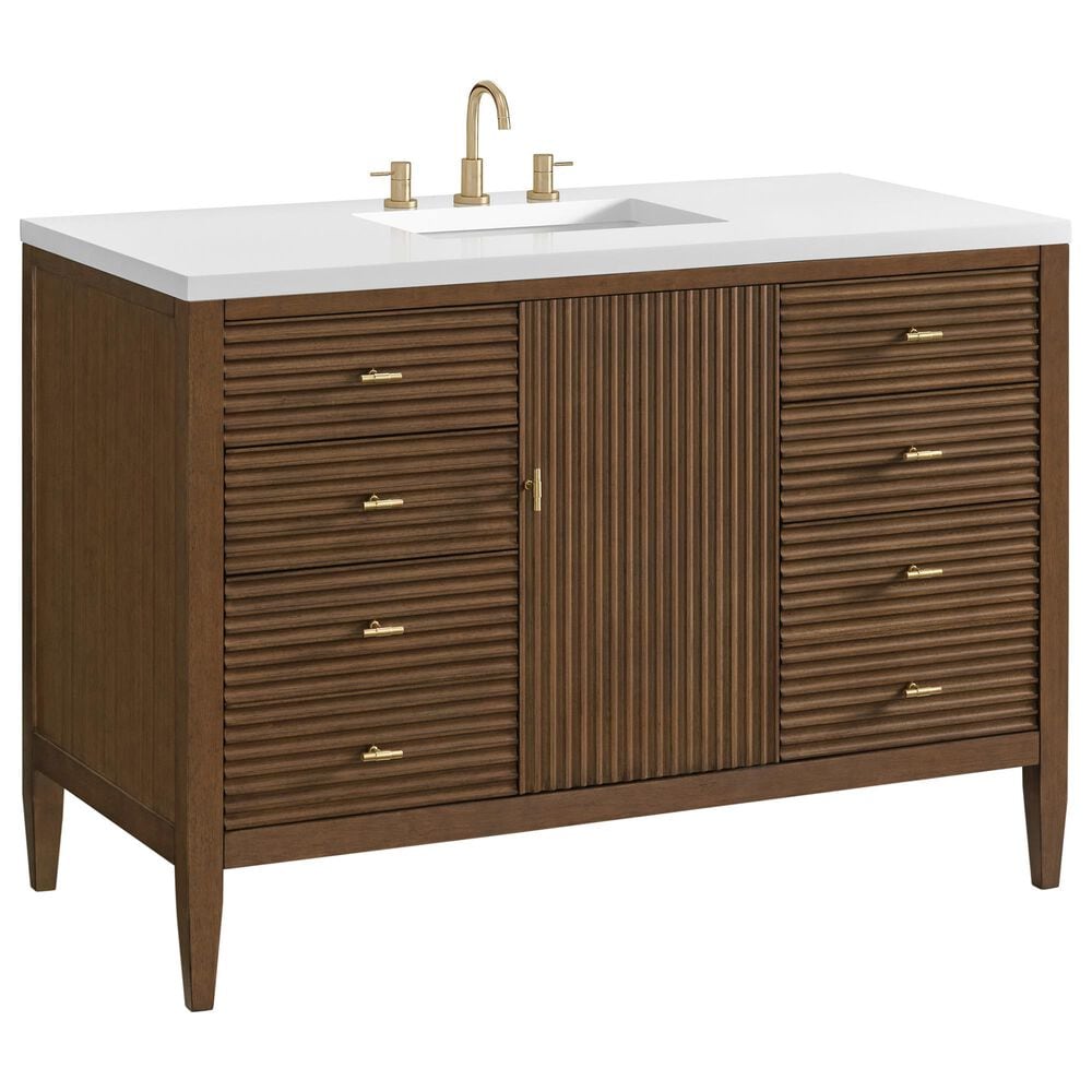 James Martin Vanities Myrrin 48" Vanity in Mid-Century Walnut with 3 cm White Zeus Quartz Top, , large