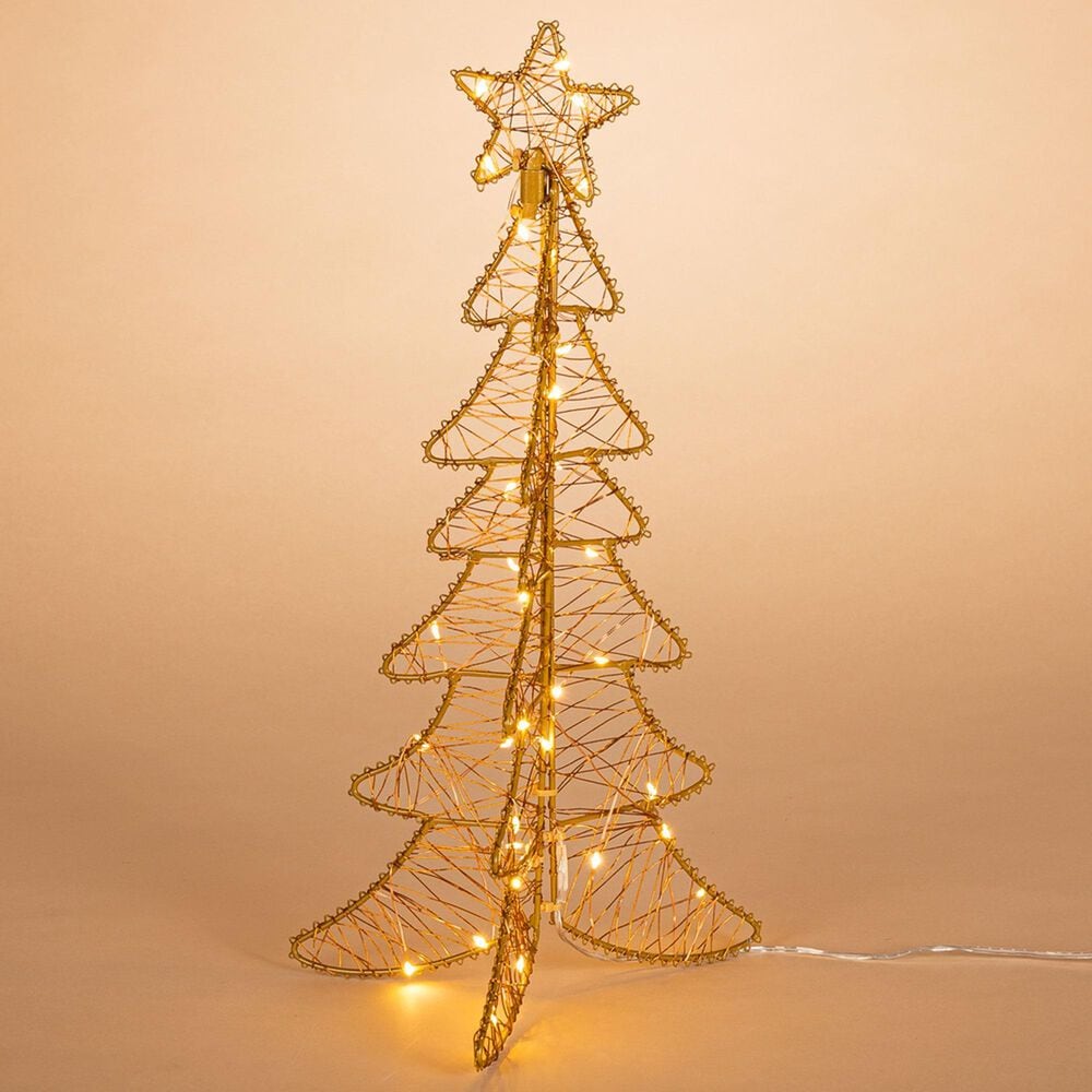 The Gerson Company 16"H Foldable Lighted Iron Christmas Tree with 35 Warm White Micro LED Lights in Brown, , large