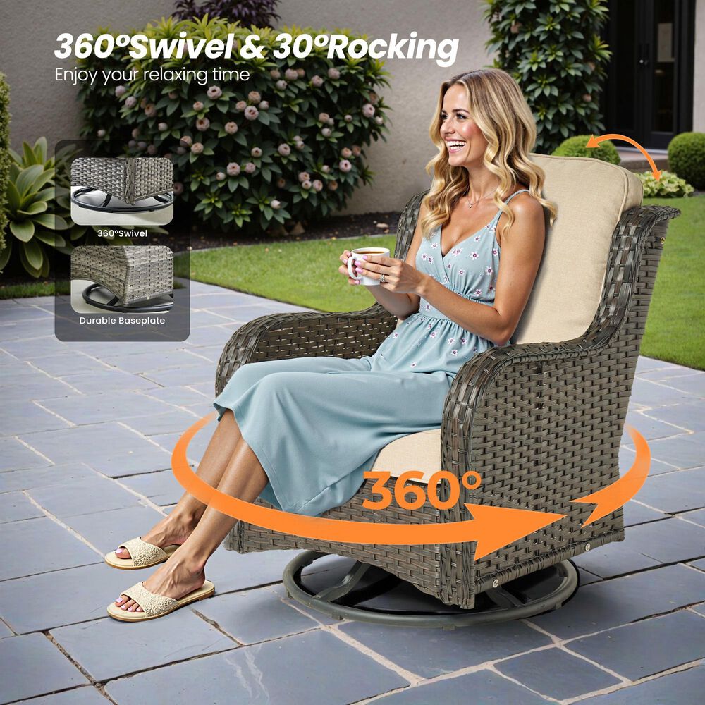 HOMLUX 3-Piece Patio Conversation Set with Curved-Arm Swivel Rocking Chairs and Brown Wicker in Beige, , large