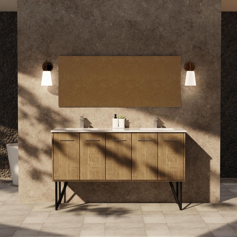 Lexora Home Lancy 60" Double Bathroom Vanity in Rustic Acacia with 2 cm White Cultured Marble Top and Rectangular Sinks, , large