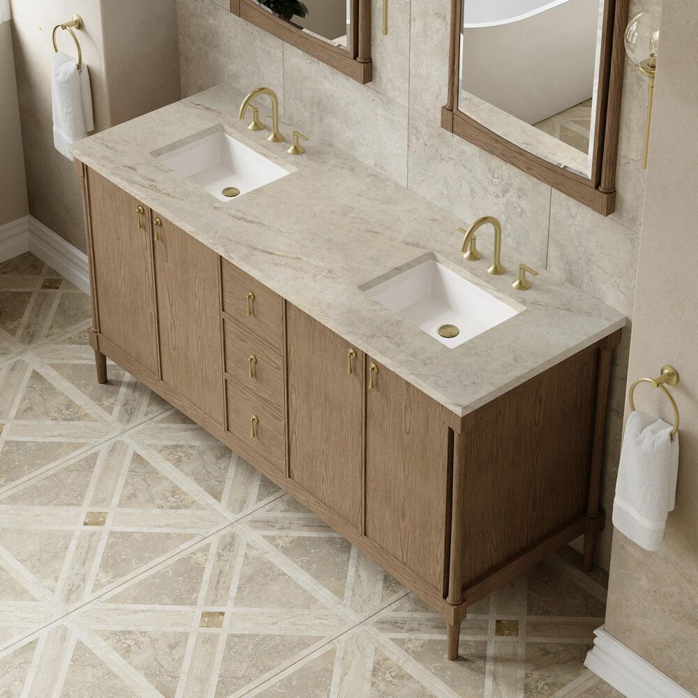 James Martin Kinnsden 72" Double Bathroom Vanity in Weathered Oak with 3 cm Tajnar Eclos Top and Rectangular Sinks, , large