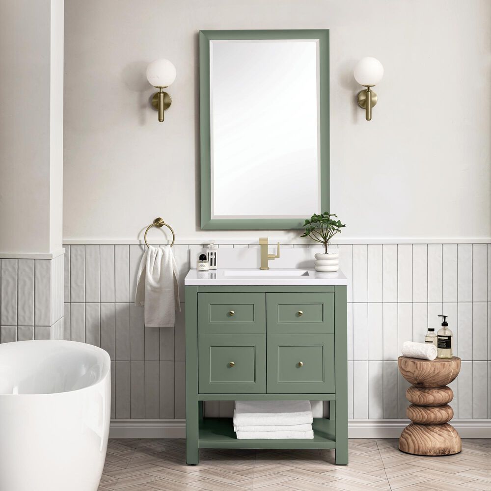 James Martin Vanities Breckenridge 30" Single Bathroom Vanity in Smokey Celadon with Single Hole 3 cm White Zeus Quartz Top and Rectangular Sink, , large