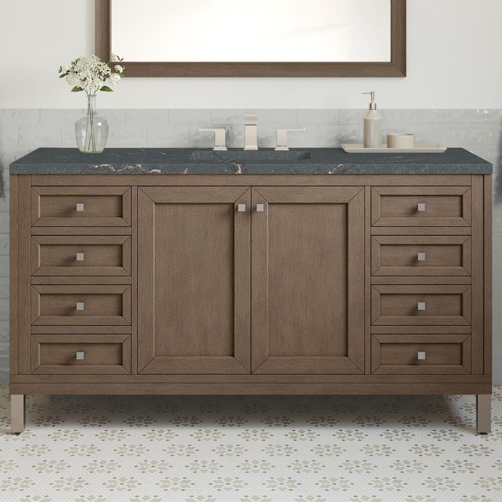 James Martin Vanities Chicago 60&quot; Single Bathroom Vanity in Whitewashed Walnut with 3 cm Parisien Bleu Quartz Top and Rectangular Sink, , large