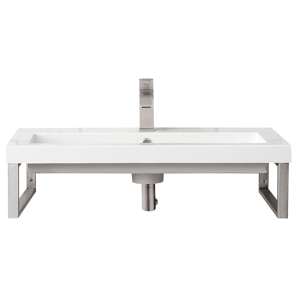 James Martin Vanities Boston 31.5" Single Wall Brackets in Brushed Nickel with 3 cm White Glossy Resin Top and Rectangular Sink, , large