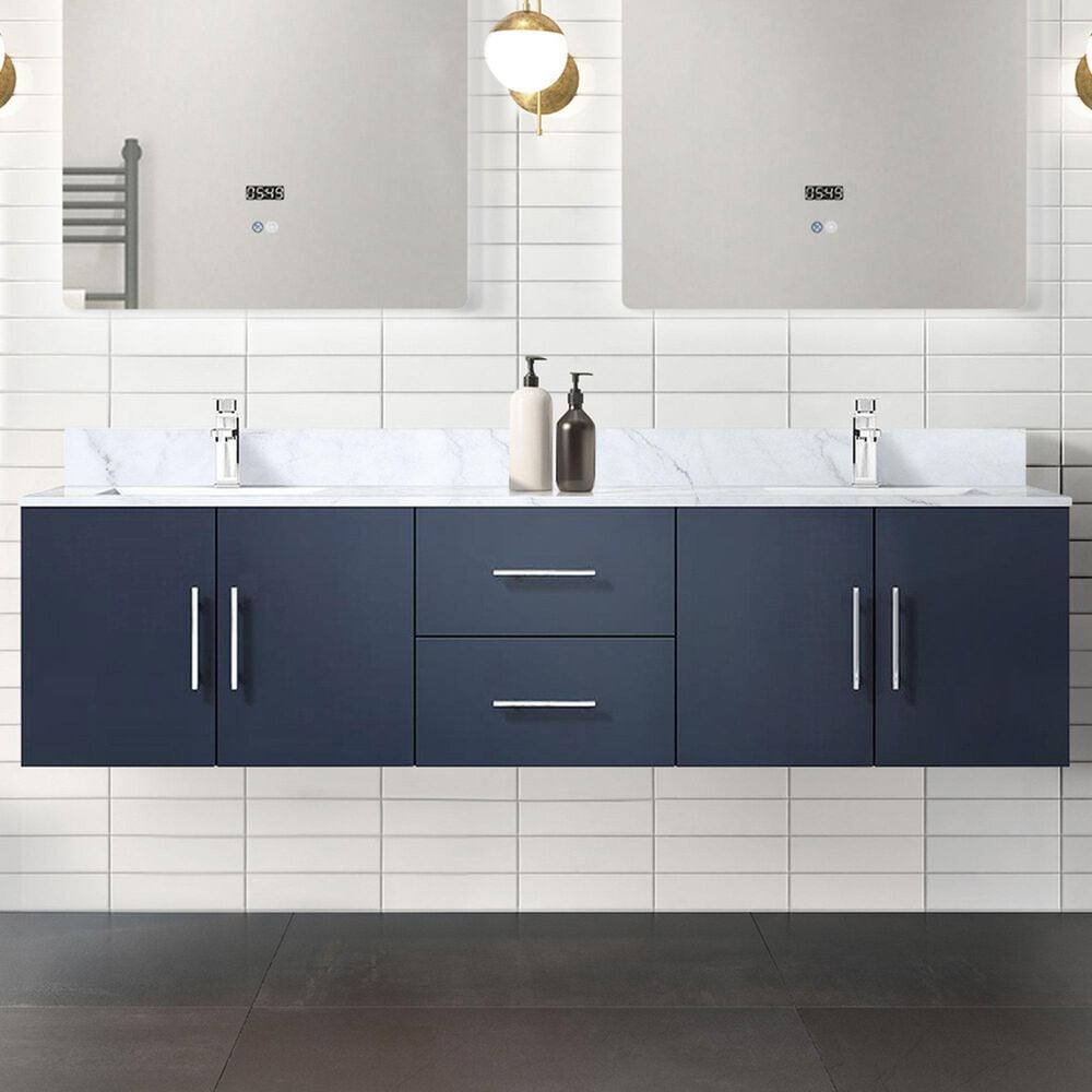 Lexora Home Geneva 72&quot; Double Bathroom Vanity in Navy Blue with 2 cm White Carrara Marble Top and Rectangular Sinks, , large