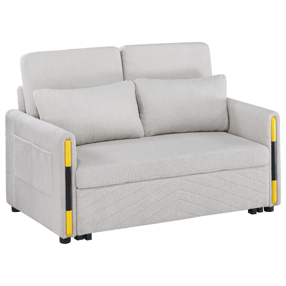 HOMLUX 55.5" Stationary Teddy Dual-Pull Sleeper Loveseat with Side Pockets in Beige Velvet, , large