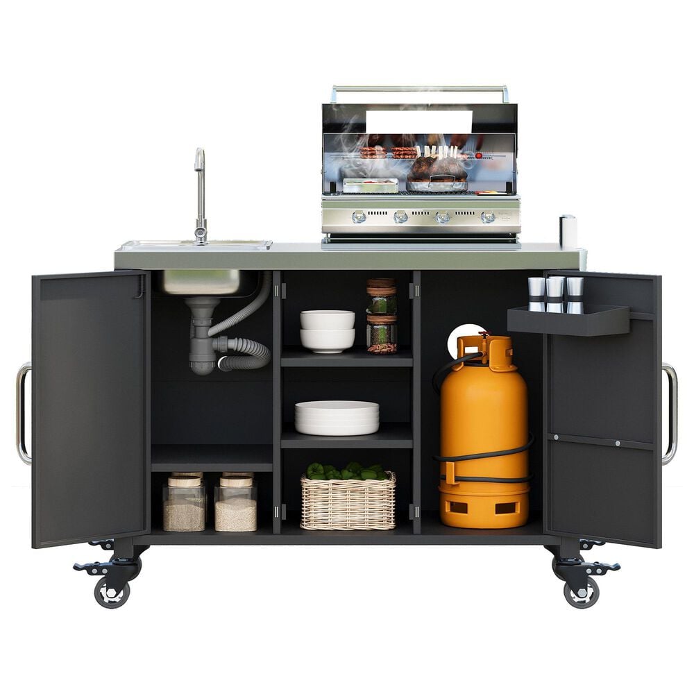 HOMLUX 55.5" Outdoor Kitchen Island with Sink in Black and Stainless Steel, , large